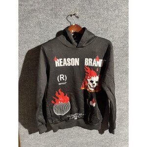 Reason Hoodie Mens Small Black Flame Skull Graphic Pullover Fleece Sweatshirt